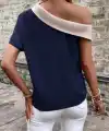 Kadın Tek Omuzu Açık Asimetrik Yaka Detaylı çift Renkli Ithal Krep Bluz