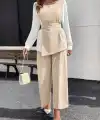 Kadın Uzun Kollu Açık Yakalı çift Renkli Kemerli Ithal Krep Ikili Takım