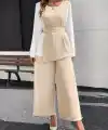 Kadın Uzun Kollu Açık Yakalı çift Renkli Kemerli Ithal Krep Ikili Takım