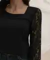 Kadın Uzun Kollu Asimetrik Yakalı Dantelli Ithal Krep Bluz