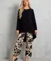 Kadın Uzun Kollu Bisiklet Yaka Asimetrik Kesim Detaylı Viskon Bluz Ve çiçek Desenli Iki Iplik Pantolon
