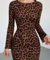 Kadın Uzun Kollu Bisiklet Yaka Leopar Desenli Dalgıç Mini Elbise