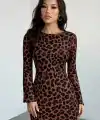 Kadın Uzun Kollu Bisiklet Yaka Leopar Desenli Dalgıç Mini Elbise