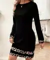 Kadın Uzun Kollu Bisiklet Yaka şerit Leopar Desenli Kısa Dalgıç Elbise