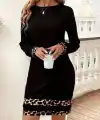 Kadın Uzun Kollu Bisiklet Yaka şerit Leopar Desenli Kısa Dalgıç Elbise
