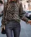 Kadın Uzun Kollu Gipe Detaylı Balıkçı Yaka Leopar Desenli Süprem Bluz