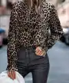 Kadın Uzun Kollu Gipe Detaylı Balıkçı Yaka Leopar Desenli Süprem Bluz