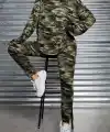 Kadın Uzun Kollu Kapşonlu Kamuflaj Desenli Bluz Ve Pantolon Tayt Ikili Takım