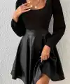 Kadın Uzun Kollu Kare Yaka üst Viskon Alt Deri Mini Elbise