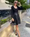Kadın Uzun Kollu Kare Yaka üst Viskon Alt Deri Mini Elbise