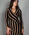Kadın Uzun Kollu Kruvaze Yaka Kemer Dahil çizgili Triko Elbise