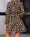 Kadın Uzun Kollu Kruvaze Yaka Kemerli Desenli Mini Leopar Elbise