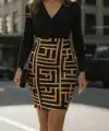 Kadın Uzun Kollu Kruvaze Yaka Labirent Desen Dalgıç Elbise