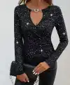 Kadın Uzun Kollu Kruvaze Yakalı Aksesuarlı Dalgıç Bluz
