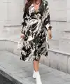 Kadın Uzun Kollu Kruvaze Yakalı Yandan Bağlamalı Desenli Mini Modal Elbise