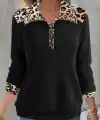 Kadın Uzun Kollu Leopar Yakalı Fermuarlı Waffle Bluz