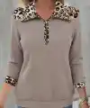 Kadın Uzun Kollu Leopar Yakalı Fermuarlı Waffle Bluz