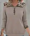 Kadın Uzun Kollu Leopar Yakalı Fermuarlı Waffle Bluz