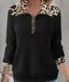 Kadın Uzun Kollu Leopar Yakalı Fermuarlı Waffle Bluz