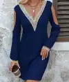 Kadın Uzun Kollu Omuzdan Açık V Dantel Yakalı Mini Waffle Elbise