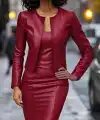 Kadın Uzun Kollu önü Açık Deri Ceket Ve Askılı Yuvarlak Yakalı Mini Elbise Ikili Takım