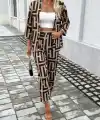 Kadın Uzun Kollu önü Açık Desenli Iki Iplik Ceket Ve Pantolon Ikili Takım