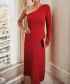 Kadın Uzun Kollu Tek Omuz Detay Krep Elbise