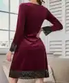 Kadın Uzun Kollu V Dantel Yakalı Mini Kadife Elbise
