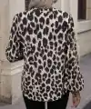 Kadın Uzun Kollu V Hakim Yakalı Leopar Desenli Süprem Bluz