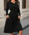 Kadın Uzun Kollu V Yakalı Cepli Midi Ithal Krep Elbise