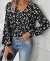 Kadın Uzun Kollu V Yakalı çiçek Desenli Modal Bluz