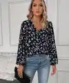 Kadın Uzun Kollu V Yakalı çiçek Desenli Modal Bluz