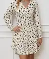 Kadın Uzun Kollu V Yakalı Desenli Kısa Keten Elbise