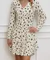 Kadın Uzun Kollu V Yakalı Desenli Kısa Keten Elbise