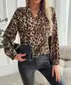 Kadın Uzun Kollu V Yakalı Modal Leopar Desenli Bluz