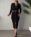 Kadın Uzun Kollu V Yakalı önden Düğmeli Yırtmaçlı Modal Midi Kemersiz Elbise