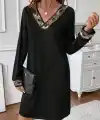 Kadın Uzun Kollu V Yakalı Pulpayet Detaylı Mini Ithal Krep Elbise
