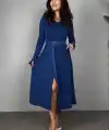 Kadın Uzun Kollu Yakalı Belden Deri Detaylı Kuşaklı Yırtmaçlı Midi Viskon Iki Iplik Elbise