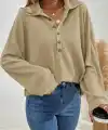 Kadın Uzun Kollu Yakalı Düğmeli Salaş Waffle Bluz