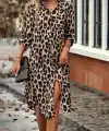 Kadın Uzun Kollu Yakalı önden Düğmeli Leopar Desenli Modal Midi Elbise