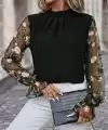 Kadın Uzun Kollu Yarı Balıkçı Yaka Tül Detaylı Ithal Krep Bluz