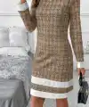 Kadın Uzun Kollu Yuvarlak Yaka Etek Ucu şerit Detaylı Mini Dokuma Elbise