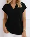 Kadın V Yaka Kısa Kol Dokuma Viskon Kumaş Bluz