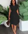 Kadın Yakalı Belden Oturmalı önden Büzgülü Dokuma Mini Elbise