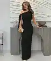 Kadın Yakası Açık Omuzdan Bağcıklı Uzun Janjan Krep Elbise