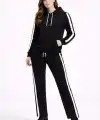 KADIN Yandan Şeritli Eşofman Takım Kapüşonlu Sweatshirt Boru Paça Alt, Oversize 3 Iplik Pamuklu - Siyah
