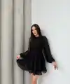 Kadın Yarım Balıkçı Yaka Kolları Transparan Astarlı Full şifon Elbise
