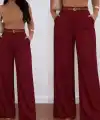 Kadın Yüksek Bel Geniş Paça Detaylı Cepli Ithal Krep Pantolon