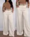 Kadın Yüksek Bel Geniş Paça Detaylı Cepli Ithal Krep Pantolon