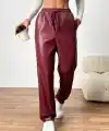 Kadın Yüksel Bel Bağcıklı Deri Pantolon